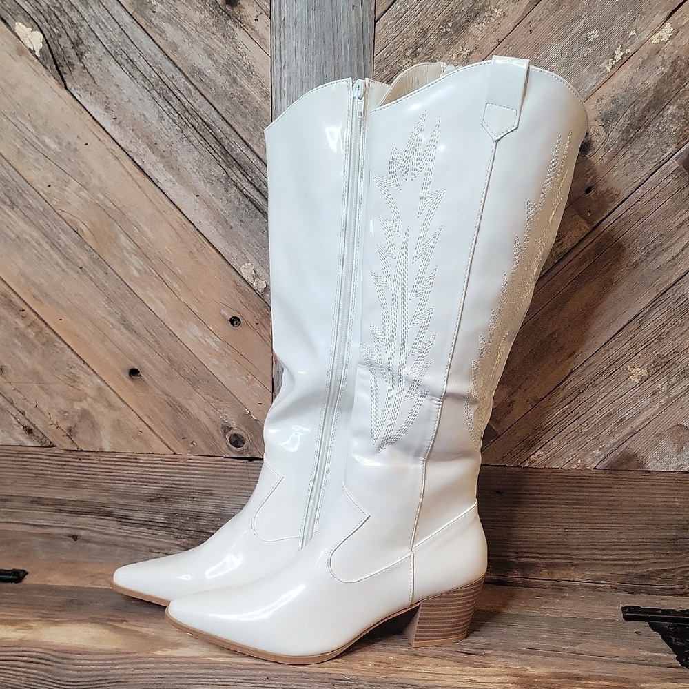 Nasty Gal White Patent Western-Style Women's Boots- MEG MORONEY STYLE